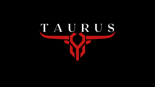 Taurus logo with red bull head design on a black background