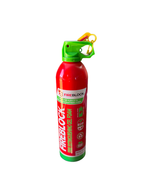 Red fire extinguisher with green nozzle on a white background